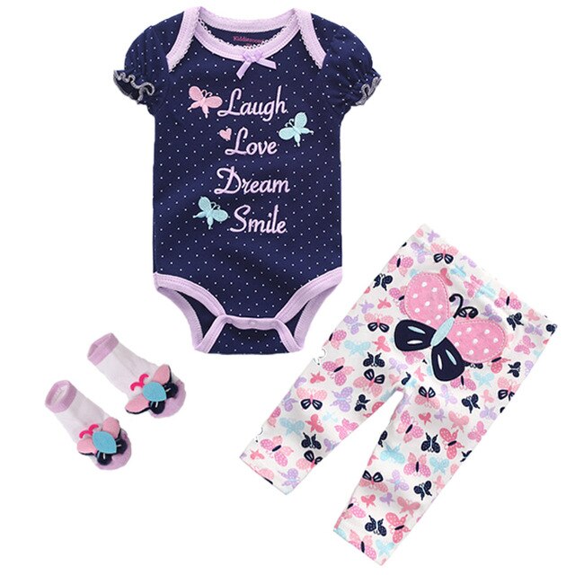 Kiddiezoom Summer 2019 3Pcs/Lot Cotton Baby Boys Girls Clothes Set Short Sleeve Baby Romper+Long pants+Socks Kids Clothing Set