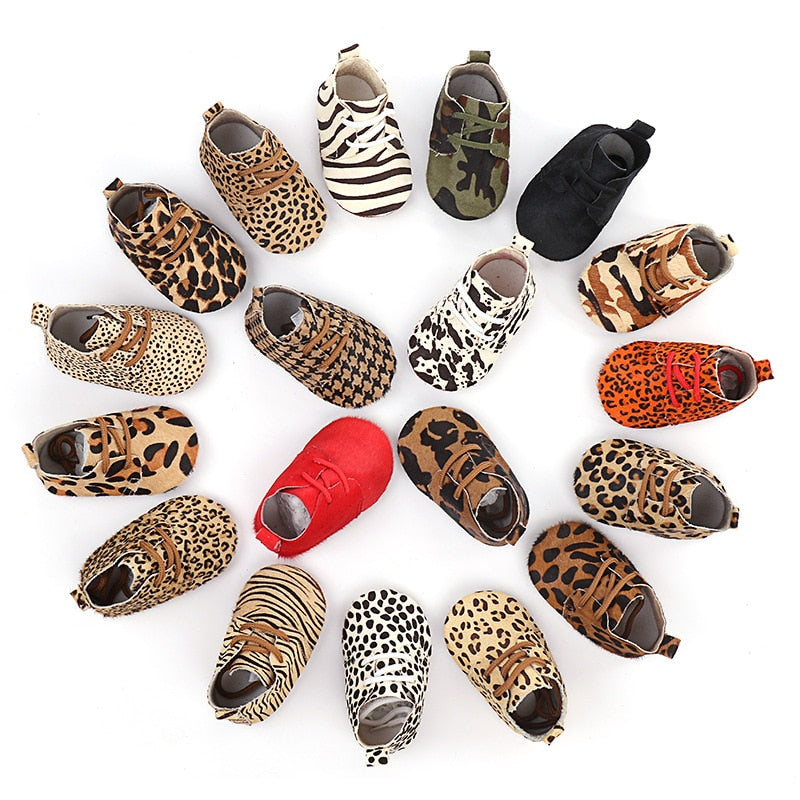 Hongteya New Genuine Leather Baby shoes Leopard print Baby Girls Soft shoes Horse hair Boys First walkers Lace Baby moccasins