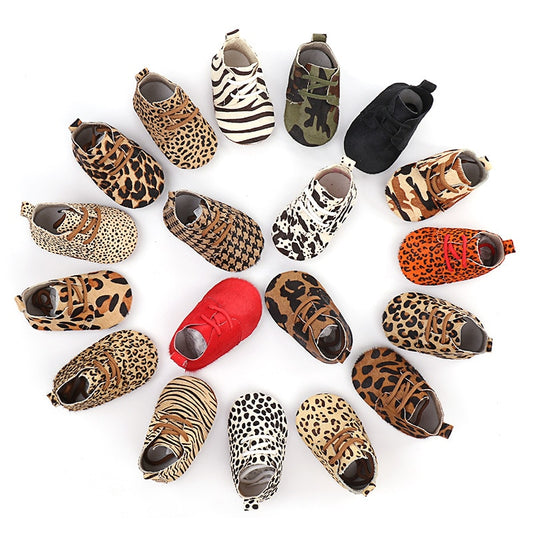 Hongteya New Genuine Leather Baby shoes Leopard print Baby Girls Soft shoes Horse hair Boys First walkers Lace Baby moccasins