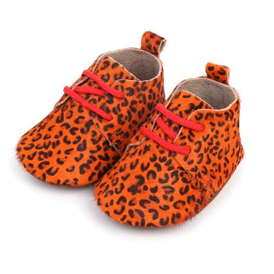 Hongteya New Genuine Leather Baby shoes Leopard print Baby Girls Soft shoes Horse hair Boys First walkers Lace Baby moccasins