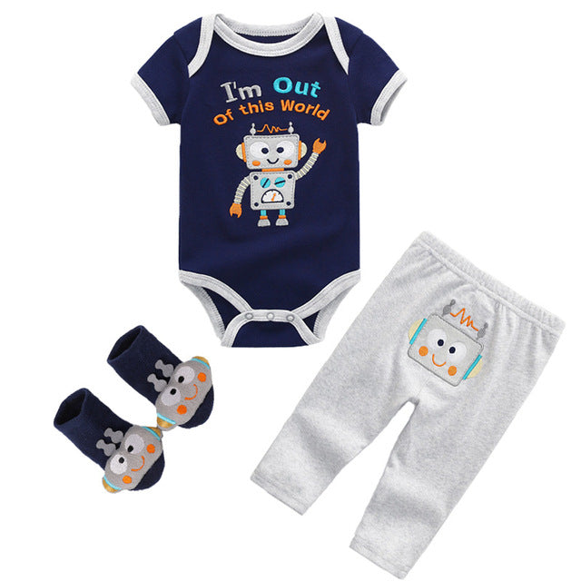 Kiddiezoom Summer 2019 3Pcs/Lot Cotton Baby Boys Girls Clothes Set Short Sleeve Baby Romper+Long pants+Socks Kids Clothing Set