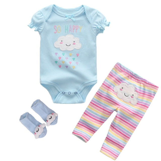 Kiddiezoom Summer 2019 3Pcs/Lot Cotton Baby Boys Girls Clothes Set Short Sleeve Baby Romper+Long pants+Socks Kids Clothing Set