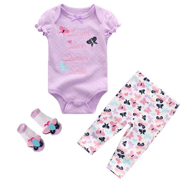 Kiddiezoom Summer 2019 3Pcs/Lot Cotton Baby Boys Girls Clothes Set Short Sleeve Baby Romper+Long pants+Socks Kids Clothing Set