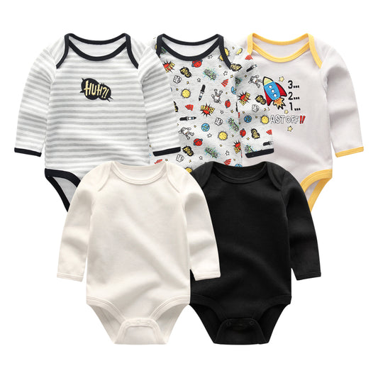 2019 5pcs/lot Baby Rompers Full Sleeve Cartoon Solid Print O-Neck Fashion Cotton Baby Girl Clothes Boy Clothing Roupa de bebe