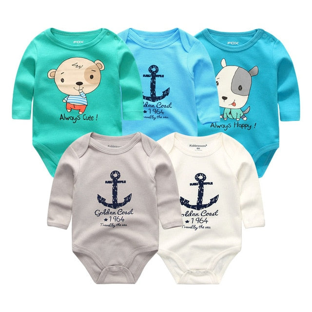 2019 5pcs/lot Baby Rompers Full Sleeve Cartoon Solid Print O-Neck Fashion Cotton Baby Girl Clothes Boy Clothing Roupa de bebe