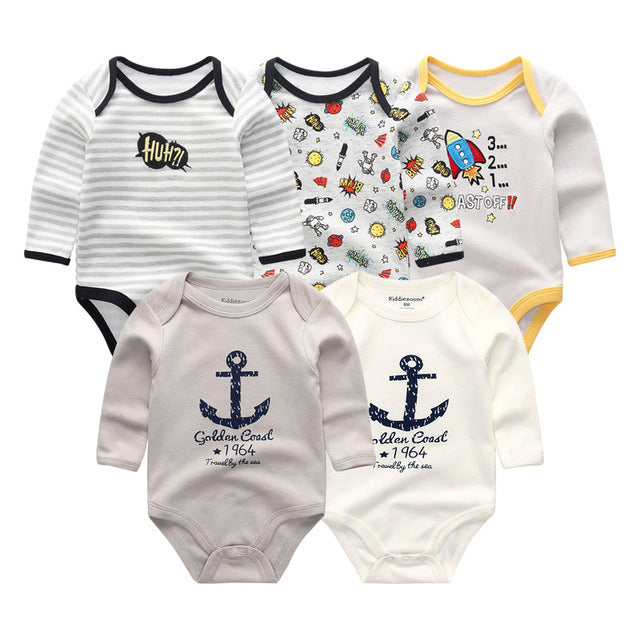 2019 5pcs/lot Baby Rompers Full Sleeve Cartoon Solid Print O-Neck Fashion Cotton Baby Girl Clothes Boy Clothing Roupa de bebe
