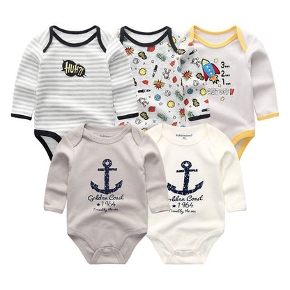2019 5pcs/lot Baby Rompers Full Sleeve Cartoon Solid Print O-Neck Fashion Cotton Baby Girl Clothes Boy Clothing Roupa de bebe