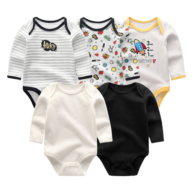 2019 5pcs/lot Baby Rompers Full Sleeve Cartoon Solid Print O-Neck Fashion Cotton Baby Girl Clothes Boy Clothing Roupa de bebe