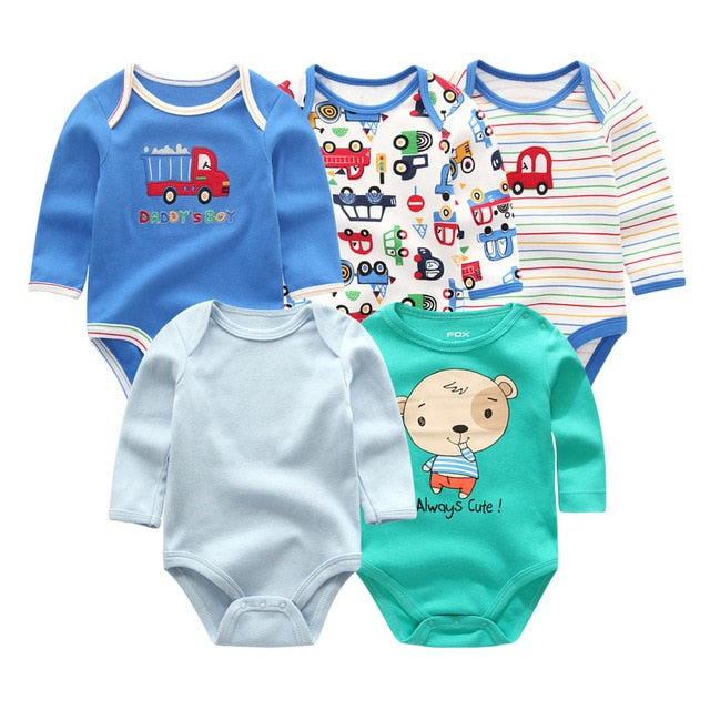 2019 5pcs/lot Baby Rompers Full Sleeve Cartoon Solid Print O-Neck Fashion Cotton Baby Girl Clothes Boy Clothing Roupa de bebe