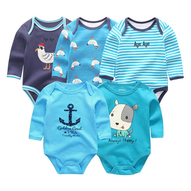 2019 5pcs/lot Baby Rompers Full Sleeve Cartoon Solid Print O-Neck Fashion Cotton Baby Girl Clothes Boy Clothing Roupa de bebe