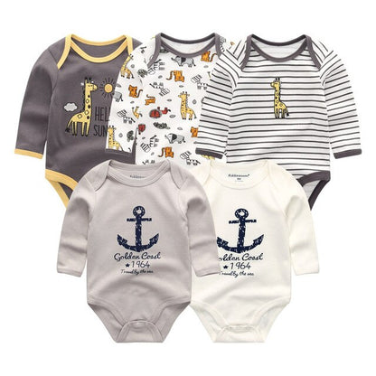 2019 5pcs/lot Baby Rompers Full Sleeve Cartoon Solid Print O-Neck Fashion Cotton Baby Girl Clothes Boy Clothing Roupa de bebe