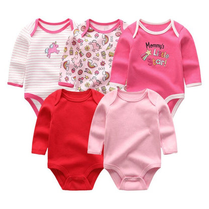 2019 5pcs/lot Baby Rompers Full Sleeve Cartoon Solid Print O-Neck Fashion Cotton Baby Girl Clothes Boy Clothing Roupa de bebe