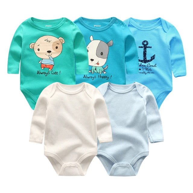 2019 5pcs/lot Baby Rompers Full Sleeve Cartoon Solid Print O-Neck Fashion Cotton Baby Girl Clothes Boy Clothing Roupa de bebe