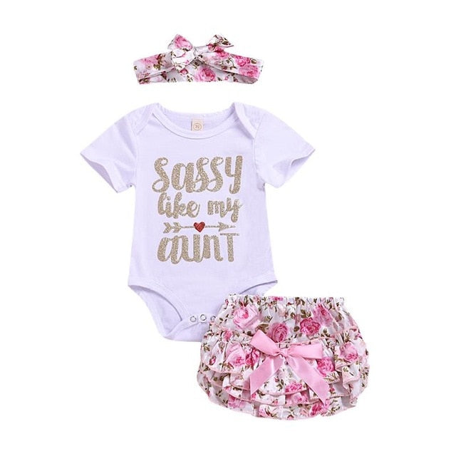0-24M Newborn Baby Girl Letter Print Romper + Pants Dress+Headband Outfits Clothes Set Flower Bowknot Baby Clothing