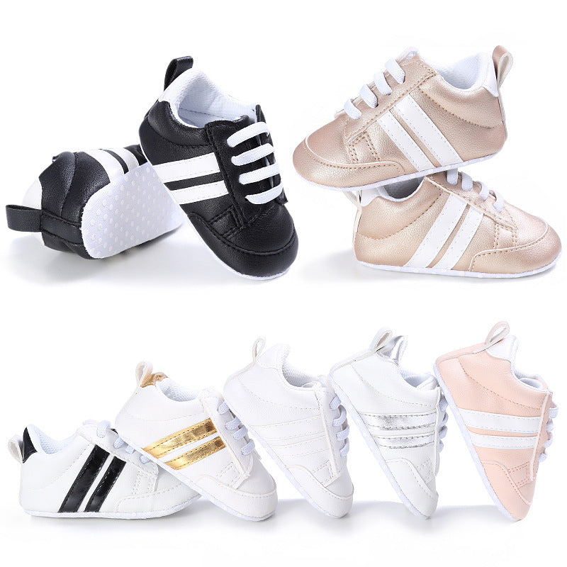 Baby Shoes Pu Leather Shoes Sports Sneakers Newborn Baby Boys Girls Stripe Pattern Shoes Infant Toddler Soft Anti-slip Shoes