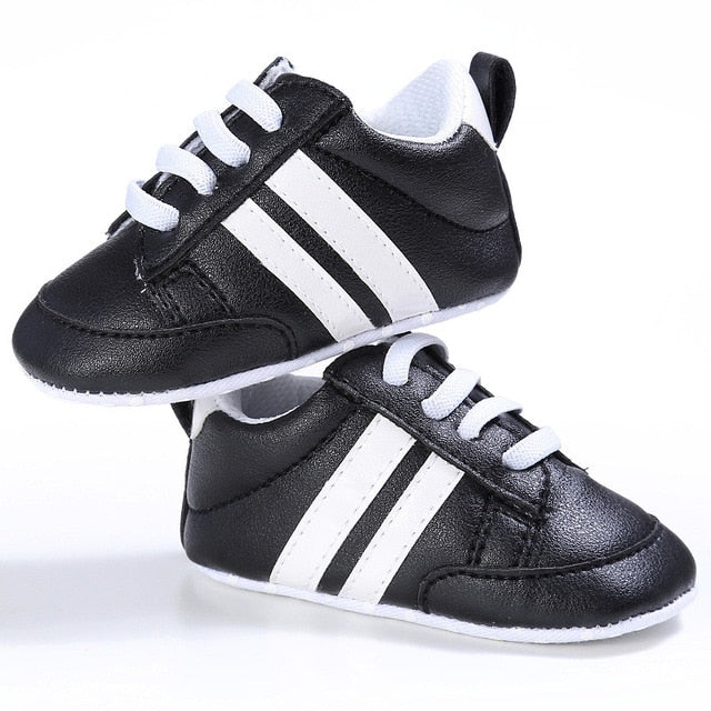 Baby Shoes Pu Leather Shoes Sports Sneakers Newborn Baby Boys Girls Stripe Pattern Shoes Infant Toddler Soft Anti-slip Shoes